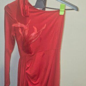 *NEW*One Shoulder Choker Long Sleeve Sash Asymmetric Mini Dresses SZ M